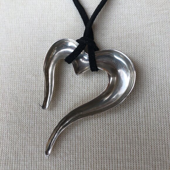 Sterling Open Free Form Asymmetric Heart Pendant on Black Suede Cord Necklace - Picture 2 of 6